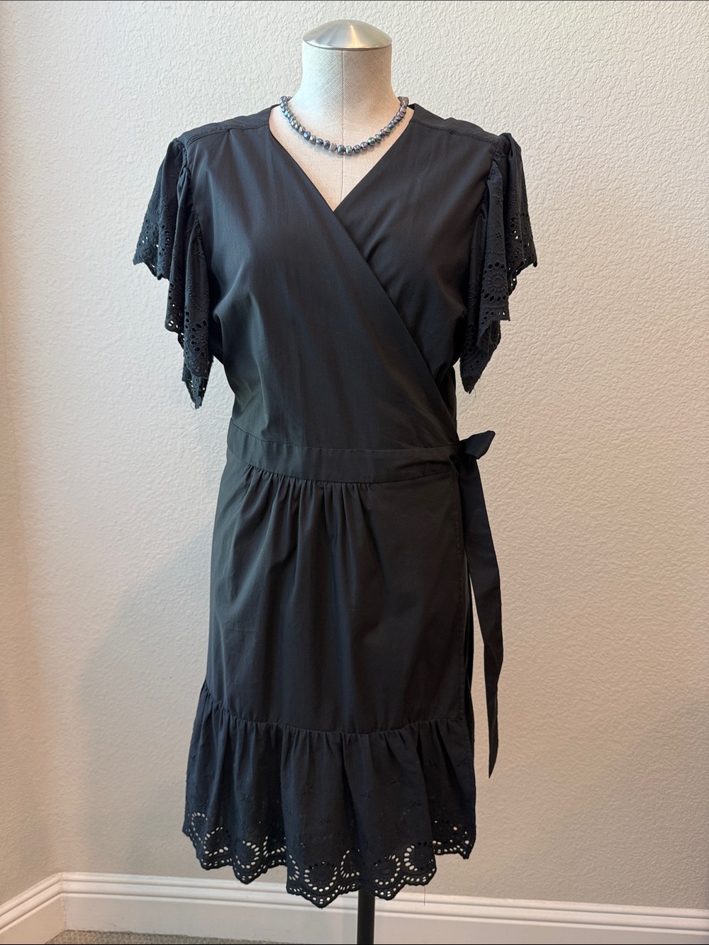 ASTR The Label Black Eyelet-Trim Wrap Midi Dress